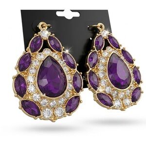 Gold w/Purple Crystal Teardrop Dangle Statement Earrings
